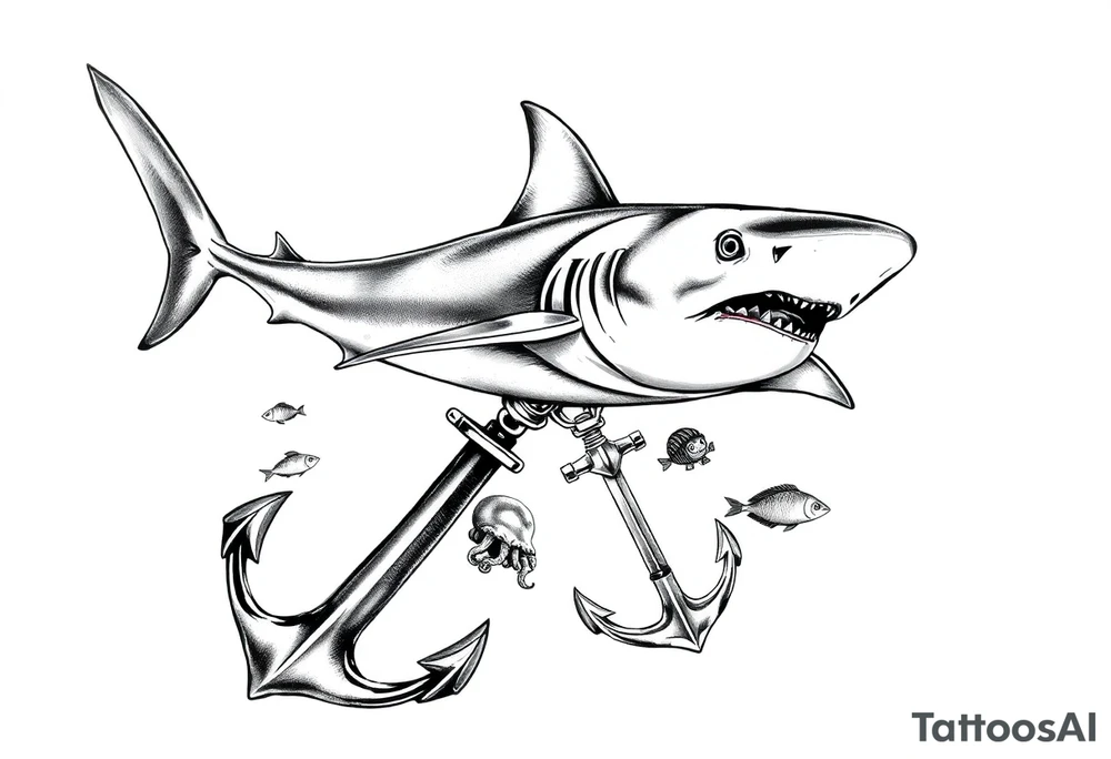 a hammerhead shark under it an anchor,fishes,jellyfisches,octopus. tattoo idea