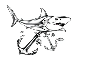 a hammerhead shark under it an anchor,fishes,jellyfisches,octopus. tattoo idea