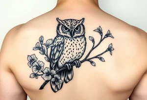 Owl sitting on a branch of violets tattoo idea
