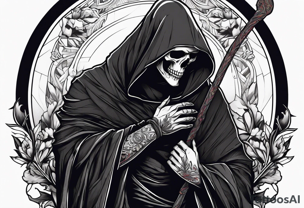 The grim reaper standing from a side profile praying with a Rosery wrapped around his hands tattoo idea