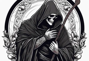 The grim reaper standing from a side profile praying with a Rosery wrapped around his hands tattoo idea