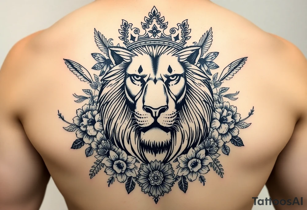 powerful majestic lion with a crown, surrounded by floral ornaments and birds tattoo idea