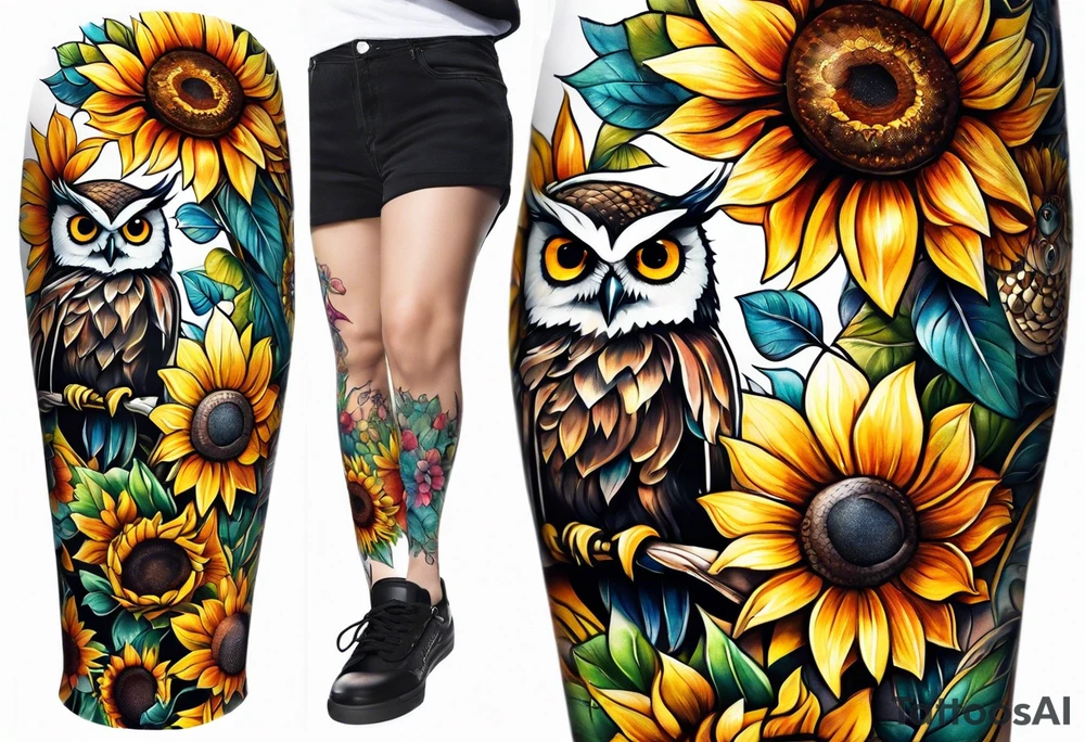 Leg sleeve with colorful sunflowers and an owl tattoo idea