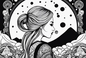 Straight blonde hair girl facing away toward mountains surrounded by mushrooms crescent moon mandala circular design black and white striped dress figure 8 tattoo idea