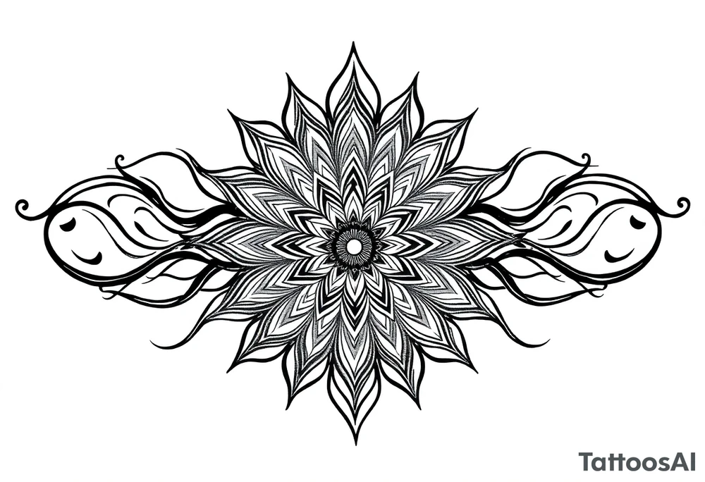 Mandala center with flowing black lines extending outward, blackwork tattoo design, spiritual energy, curved shapes, symmetrical but flowing, designed for sleeve expansion tattoo idea