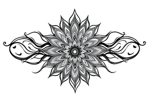 Mandala center with flowing black lines extending outward, blackwork tattoo design, spiritual energy, curved shapes, symmetrical but flowing, designed for sleeve expansion tattoo idea