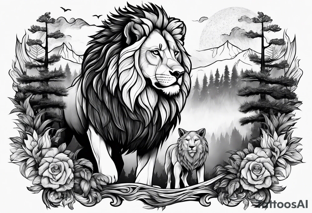 lion and a wolf combined whit a forest tattoo idea