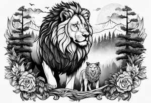 lion and a wolf combined whit a forest tattoo idea