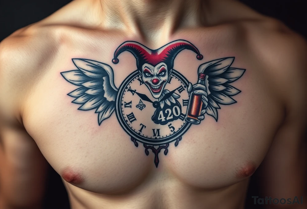 a evil jester clown floating in smoke with a  clock, the time says 420,  with two open wings besides the clock, smoke as the spring rising from the clock, a jester clown coming out the smoke, smoking in one hand with a liquor bottle on the other hand tattoo idea