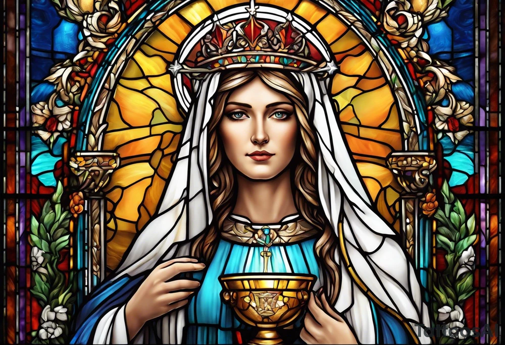 holy saint woman with halo stained glass holding a chalice with artillery tattoo idea