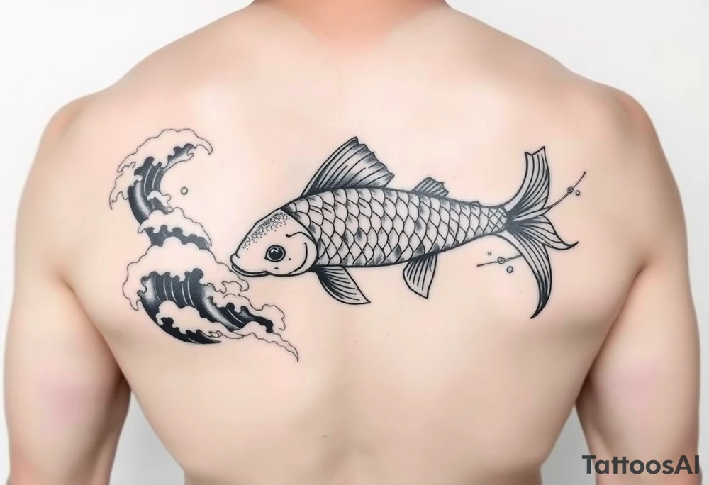 traditional koi fish swimming upstream through turbulent waves tattoo idea
