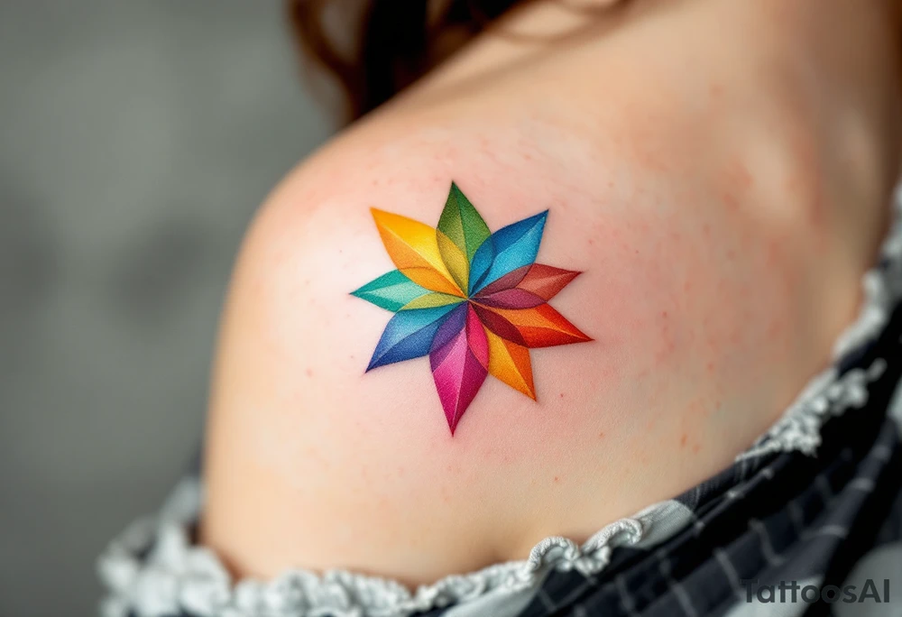 A rainbow-colored eight-pointed star tattoo celebrates inclusivity and universal love on shoulderblade tattoo idea