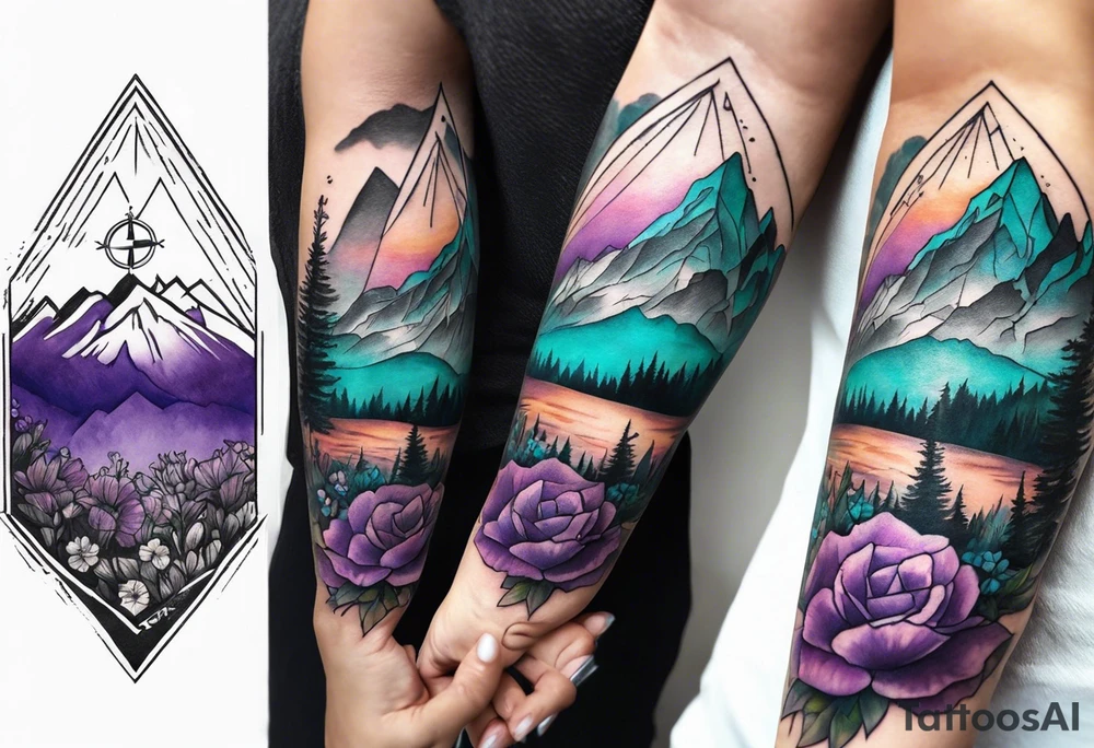 I’d like a half sleeve tattoo on my shoulder. It features a mountain range, with a compass rose rising up from behind the mountain like a sunrise. In front of the mountains, there are purple and teal flowers. tattoo idea