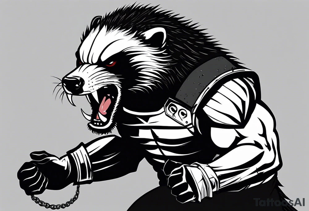 Draw me psychopath Fearless Honey Badger/Berserker with aggressive full body, killer face with a scary smile, very long nails and he attacks like a Bloody Assassin/Warrior/Gladiator to us and also, he has very deadly looking. He fights with his nails only. Everybody scares after their first sight. Give me horror type Badger Tattoo. I want to see his Realistic full body with no weapons. You can show destruction at the back. tattoo idea