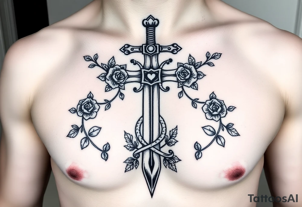 A gothic cross with a sword tip on the bottom going through an infinity sign and has roses and vines growing around tattoo idea