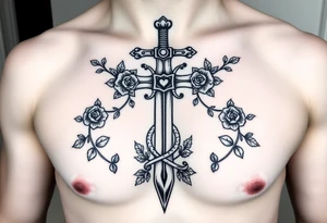 A gothic cross with a sword tip on the bottom going through an infinity sign and has roses and vines growing around tattoo idea