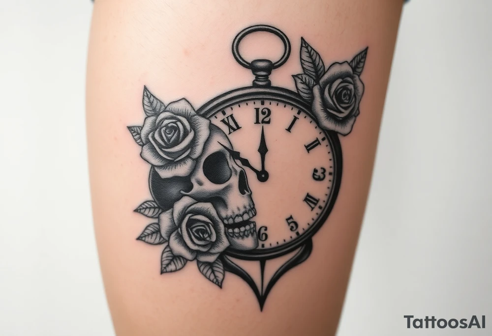 Broken Clock face 11:43 as set time. With roses and skull looking to the clock feminine tattoo idea