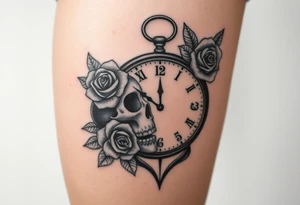 Broken Clock face 11:43 as set time. With roses and skull looking to the clock feminine tattoo idea