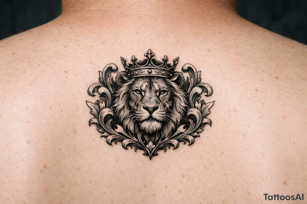 powerful majestic lion with a crown, framed by ornate floral scrollwork tattoo idea