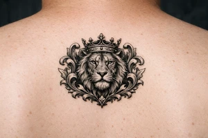 powerful majestic lion with a crown, framed by ornate floral scrollwork tattoo idea