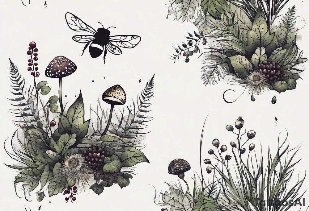 forest floor inspired minimalist tattoo, which includes grass, curly ferns, moss and dead leaves as the bulk of the tattoo. details to include: forest berries, a tiny bumblebee flying nearby, three small brown mushrooms
Generate a vertically long one tattoo idea