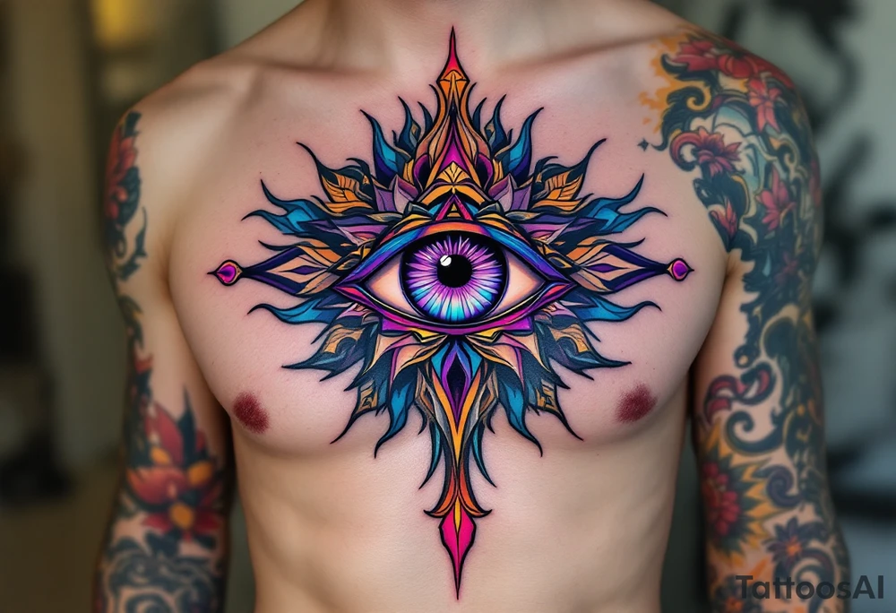 The Third Eye (Ajna Chakra) – A mystical eye on the forehead symbolizing higher consciousness, often in violet or indigo tones. tattoo idea