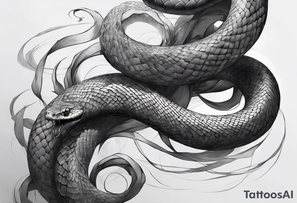 A snake wrapping around the legs of a rough sketch of man with 8 arms, and a blank face in pencil drawing style. The upper part of the snake will come up from the right and look back at the man figure. There will be a black eye above the man looking directly forward. tattoo idea