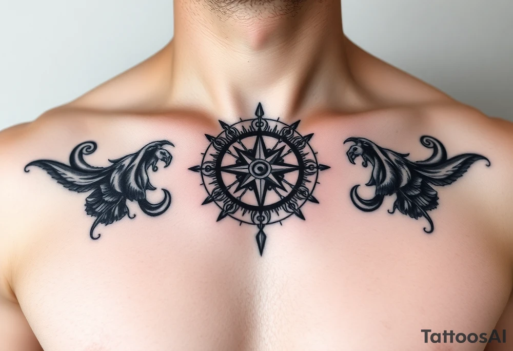 Chest tattoo with Roman stoic theme with sun dial compass tattoo idea