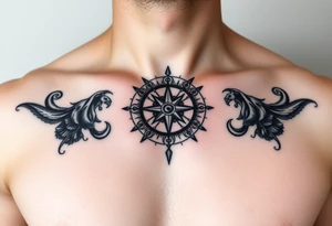 Chest tattoo with Roman stoic theme with sun dial compass tattoo idea