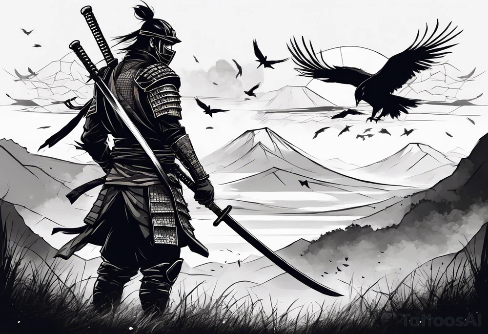 A tired samurai wounded from battle holding his helmet in one hand and in the other hand his sword with a mixture of blood and dirt, wearing his dirty armour he is steeping above some body's from the battle in open field and looking vaguely to the horizon while crows are flyting above him and the corpses tattoo idea