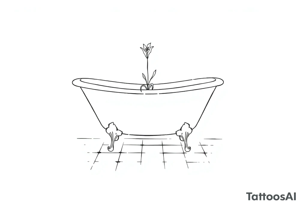 Clawfoot bathtub with lily coming up from tile floor tattoo idea