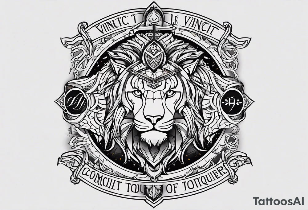 The tattoo is spiritually driven, using the Latin quote "Vincit qui see Vincit," which translates to "He who conquers himself conquers the world." Create this tattoo using the ideas of the warrior spirit, discipline, and growth in all aspects of life. The tattoo will be on the forearm tattoo idea