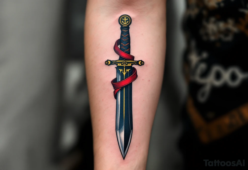 Traditional Sailor Dagger – A classic dagger design with a red ribbon wrapped around the hilt, the blade in bold black ink with hints of navy blue for shading. The handle is adorned with a golden anchor motif. tattoo idea