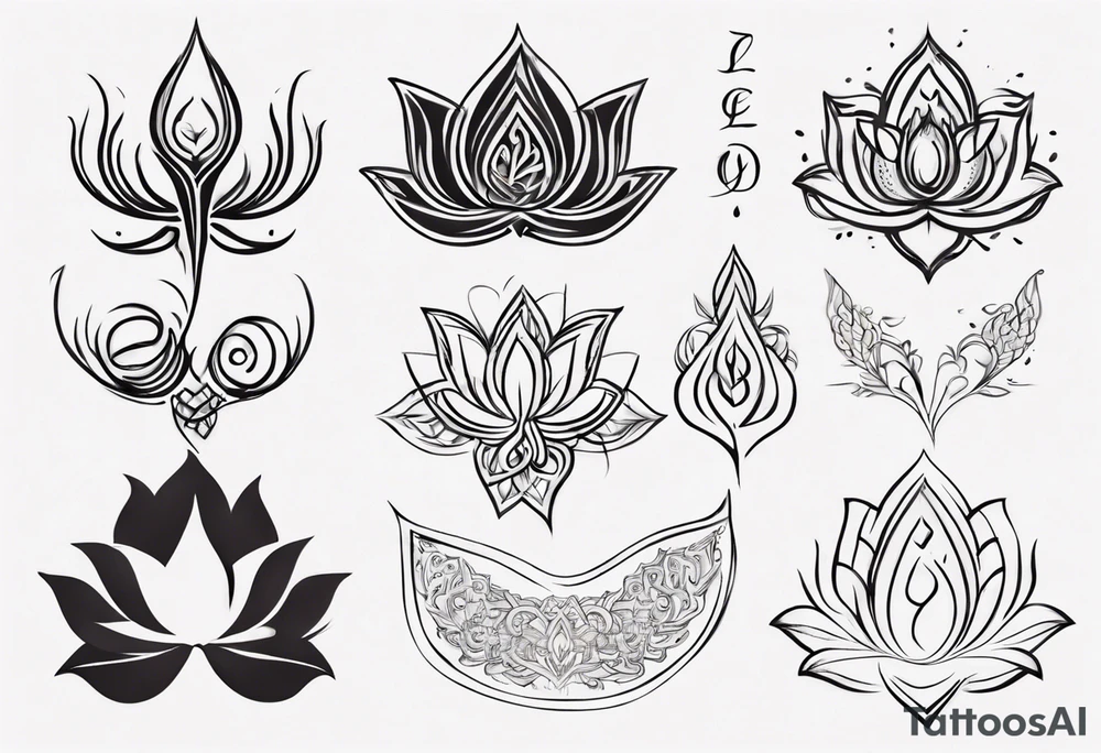 Unalome symbol incorporating sanskrit breathe symbol and a lotus flower and the word LOVE tattoo idea