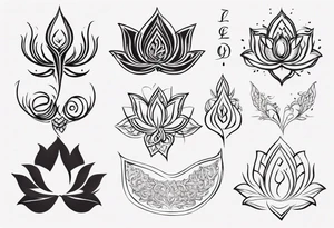 Unalome symbol incorporating sanskrit breathe symbol and a lotus flower and the word LOVE tattoo idea