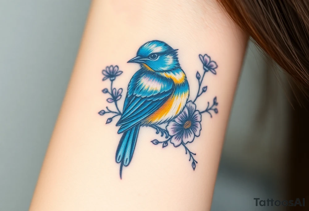Puffy bluebird surrounded by wild flowers tattoo idea