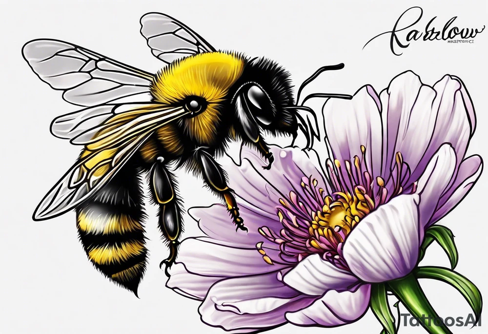 Harlow written in cursive and then a bumblebee flying off the end of the w at the end of the name tattoo idea