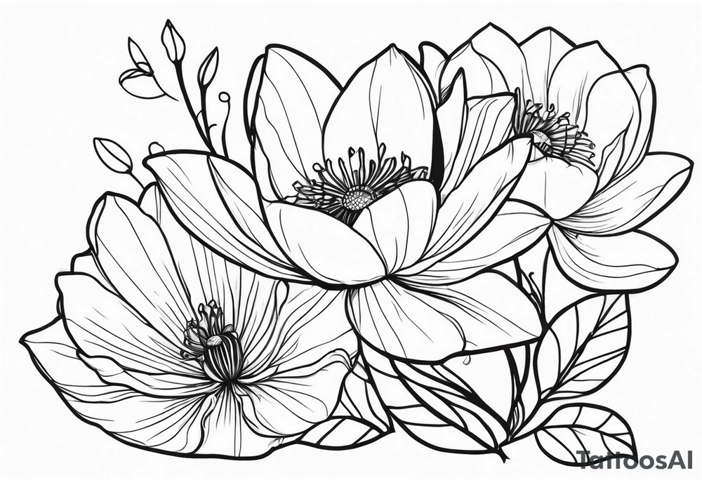 waterlily flower and morning glory flower line bouquet tattoo idea