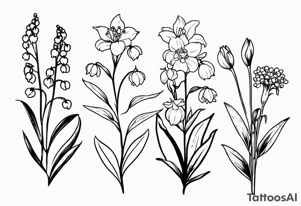 Lily of the valley. Marigold, chrysanthemum, and lily for thigh tattoo vertically tattoo idea