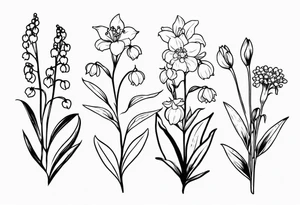 Lily of the valley. Marigold, chrysanthemum, and lily for thigh tattoo vertically tattoo idea