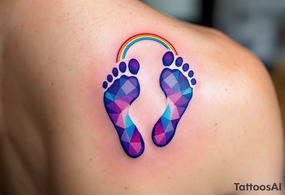 Bright purple and light blue footprints of Anna, surrounded by a small rainbow arching over them, symbolizing hope and joy. tattoo idea