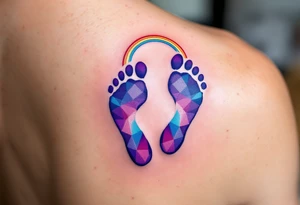 Bright purple and light blue footprints of Anna, surrounded by a small rainbow arching over them, symbolizing hope and joy. tattoo idea