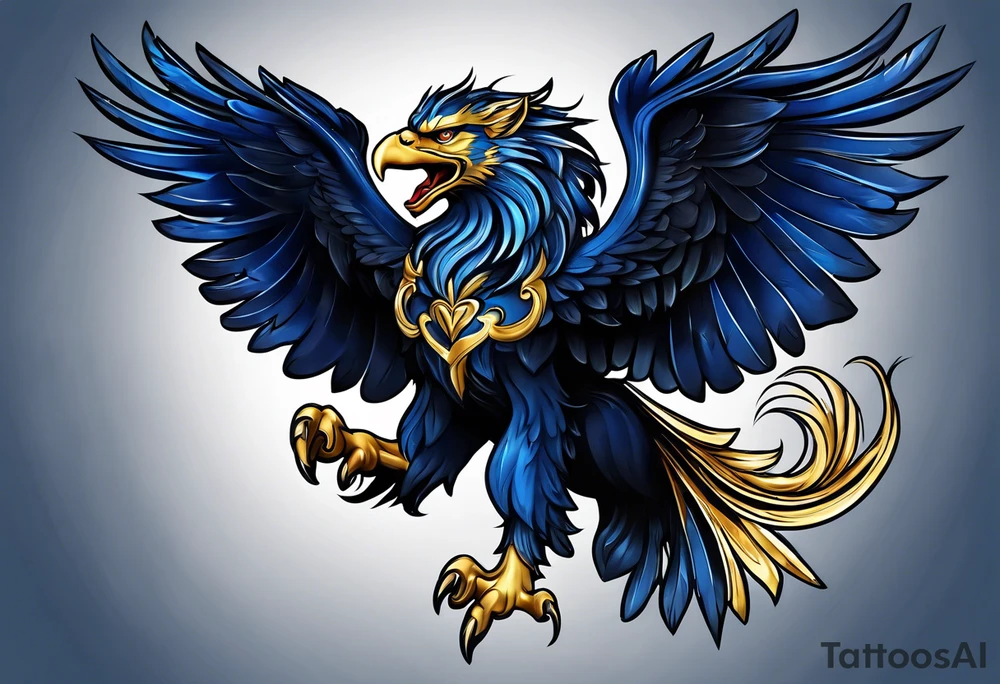 Dark blue, almost black matallic griffin with golden and silver accents. tattoo idea