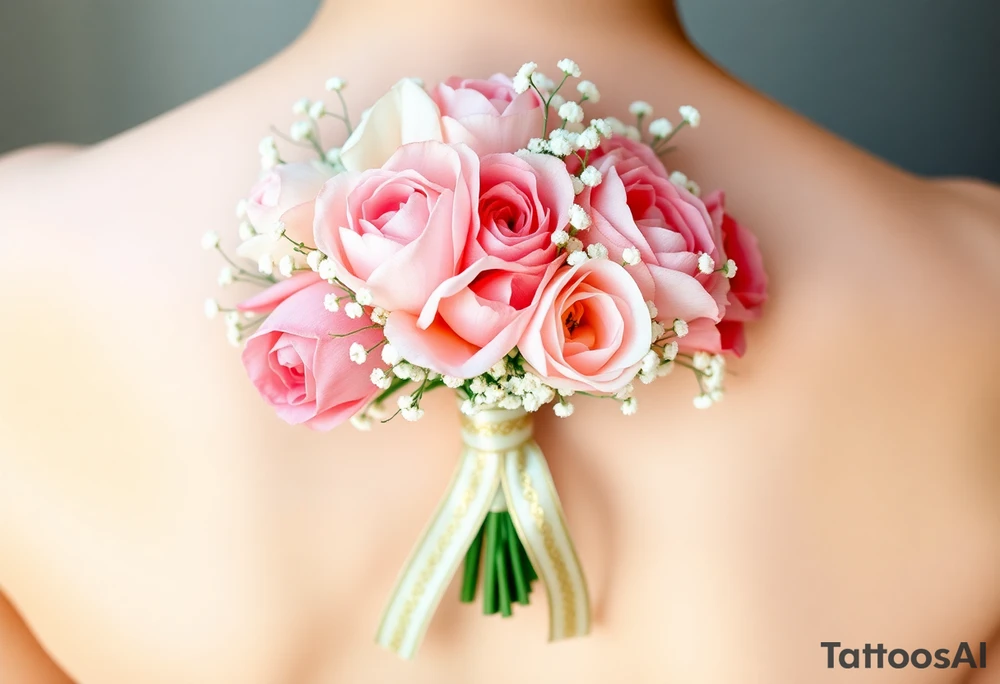 A delicate, hand-tied bouquet of roses, peonies, and baby’s breath, with soft pink, ivory, and pastel peach petals. The stems are wrapped in a silk ribbon with golden embroidery, flowing gently in the wind. Subtle watercolor shading creates a dreamy, romantic feel. tattoo idea