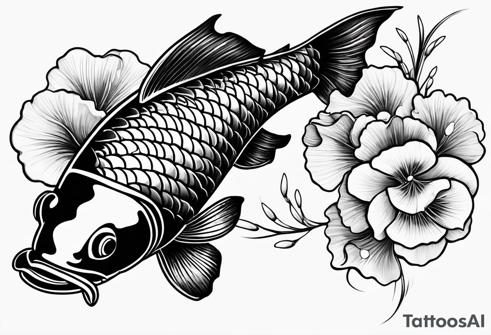 elegant Koi fish wit log tail and pearls, ginkgo leaf, white background tattoo idea