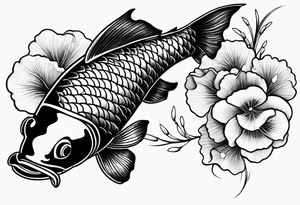 elegant Koi fish wit log tail and pearls, ginkgo leaf, white background tattoo idea