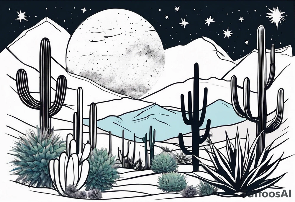 Galaxy sky with Arizona landscape with cactus tattoo idea