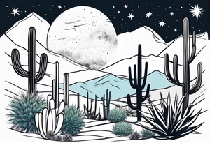 Galaxy sky with Arizona landscape with cactus tattoo idea