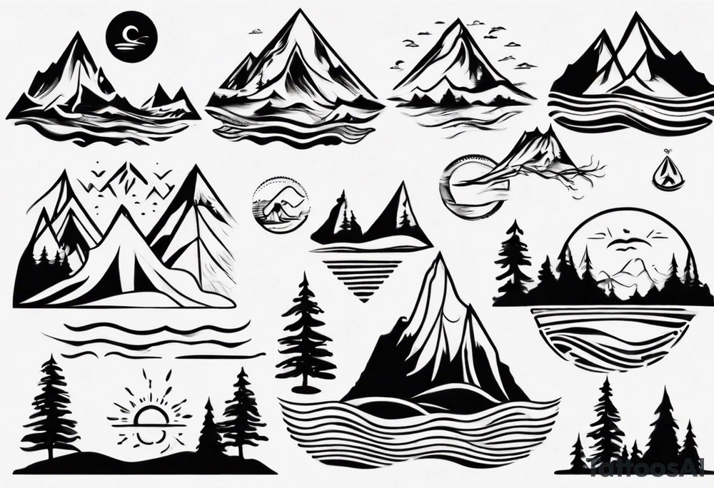mountains, beach, waves, sunset, camping, trees tattoo idea mountains, beach, waves, sunset, camping, trees tattoo idea