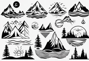 mountains, beach, waves, sunset, camping, trees tattoo idea